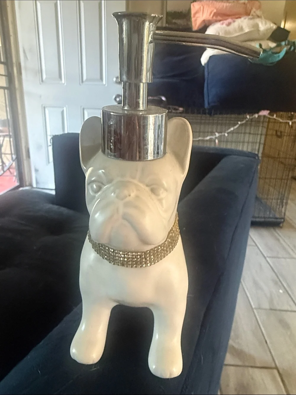 White Ceramic Bulldog Soap Dispenser with Gold Collar